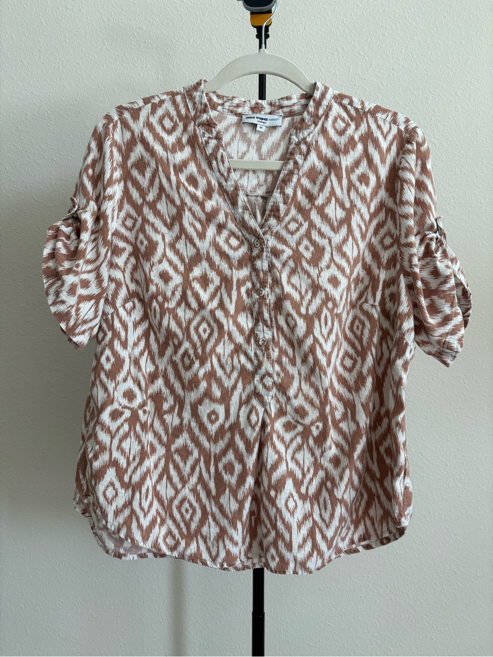 Saint Tropez West Ikat Print Linen Blend Blouse Rust Ivory Tie Sleeve Top 1X